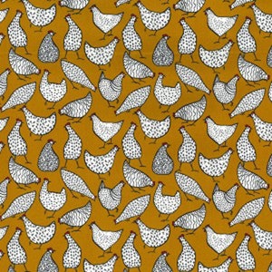May include: A seamless pattern featuring white chickens with black polka dots on a mustard yellow background.