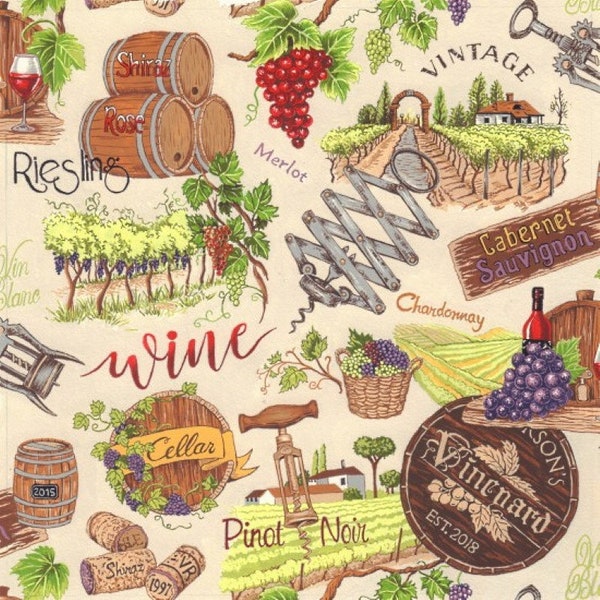 Vines & Wines Wine Scenic Vintage Alcohol Drinking Nutex 100% Cotton Fabric