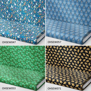 K&ouml;nnte beinhalten: Vier verschiedene Stoffmuster mit Weihnachtsmotiven. Das Muster oben links zeigt einen blauen Hintergrund mit einer Vielzahl von bunten Weihnachtsfiguren. Das Muster oben rechts zeigt einen blauen Hintergrund mit einem sich wiederholenden Muster aus Pinguinen und Schneeflocken. Das Muster unten links zeigt einen gr&uuml;nen Hintergrund mit einem sich wiederholenden Muster aus "HO HO HO" in Wei&szlig;. Das Muster unten rechts zeigt einen schwarzen Hintergrund mit einem sich wiederholenden Muster aus Lebkuchenm&auml;nnern in Gold.