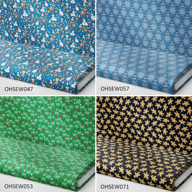 K&ouml;nnte beinhalten: Vier verschiedene Stoffmuster mit Weihnachtsmotiven. Das Muster oben links zeigt einen blauen Hintergrund mit einer Vielzahl von bunten Weihnachtsfiguren. Das Muster oben rechts zeigt einen blauen Hintergrund mit einem sich wiederholenden Muster aus Pinguinen und Schneeflocken. Das Muster unten links zeigt einen gr&uuml;nen Hintergrund mit einem sich wiederholenden Muster aus "HO HO HO" in Wei&szlig;. Das Muster unten rechts zeigt einen schwarzen Hintergrund mit einem sich wiederholenden Muster aus Lebkuchenm&auml;nnern in Gold.