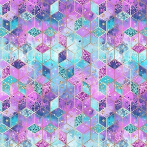 May include: A seamless pattern featuring a geometric design of pink, blue, and teal cubes with gold outlines. The cubes are filled with glitter and have a watercolor effect. The background is a light blue with gold glitter.