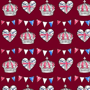 May include: A seamless pattern featuring red, white and blue hearts with the Union Jack flag design, crowns and bunting flags on a maroon background.