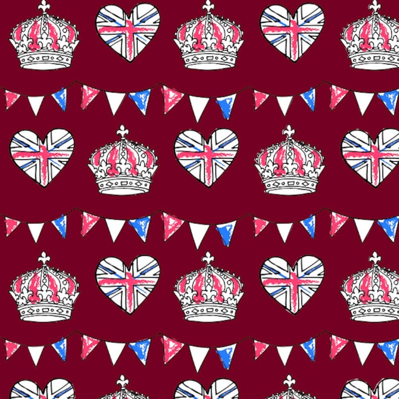 May include: A seamless pattern featuring red, white and blue hearts with the Union Jack flag design, crowns and bunting flags on a maroon background.