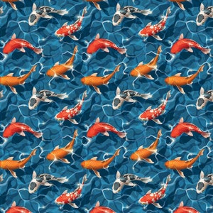 May include: A seamless pattern featuring colorful koi fish swimming in a blue pond. The fish are orange, red, and white with black markings. The water is depicted with a rippling effect.