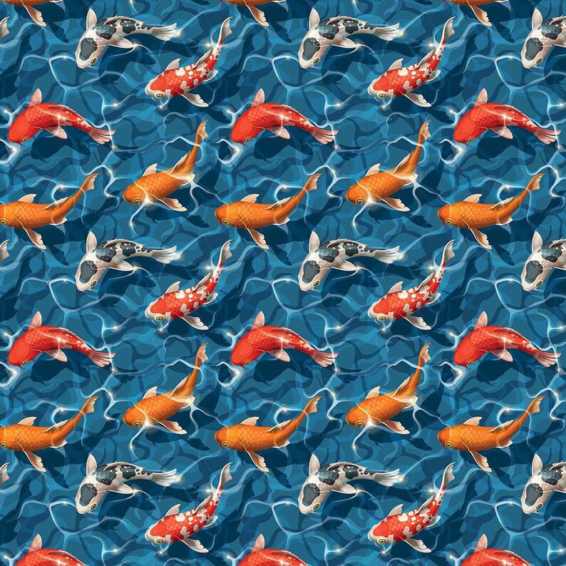 May include: A seamless pattern featuring colorful koi fish swimming in a blue pond. The fish are orange, red, and white with black markings. The water is depicted with a rippling effect.