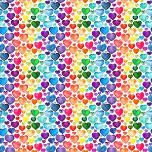 May include: A vibrant pattern of watercolor hearts in a rainbow of colors, including red, orange, yellow, green, blue, and purple. The hearts are arranged in a repeating pattern on a white background, creating a cheerful and colorful design.