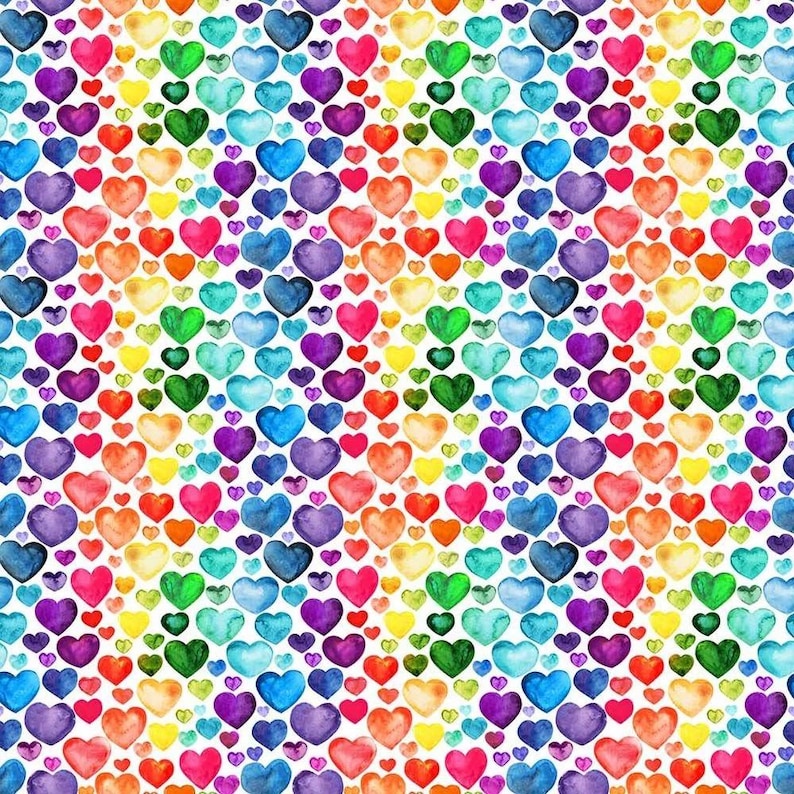 May include: A vibrant pattern of watercolor hearts in a rainbow of colors, including red, orange, yellow, green, blue, and purple. The hearts are arranged in a repeating pattern on a white background, creating a cheerful and colorful design.