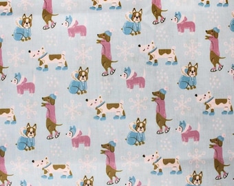 Polycotton Digitally Printed Fabric Festive Christmas Dogs Snowflakes 112cm Wide
