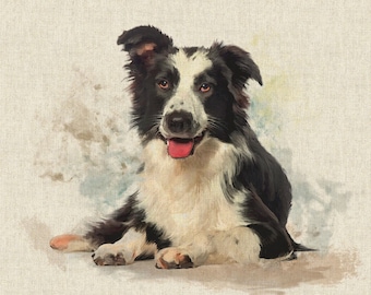 Cotton Rich Linen Look Fabric Border Collie Dog Or Panel Upholstery