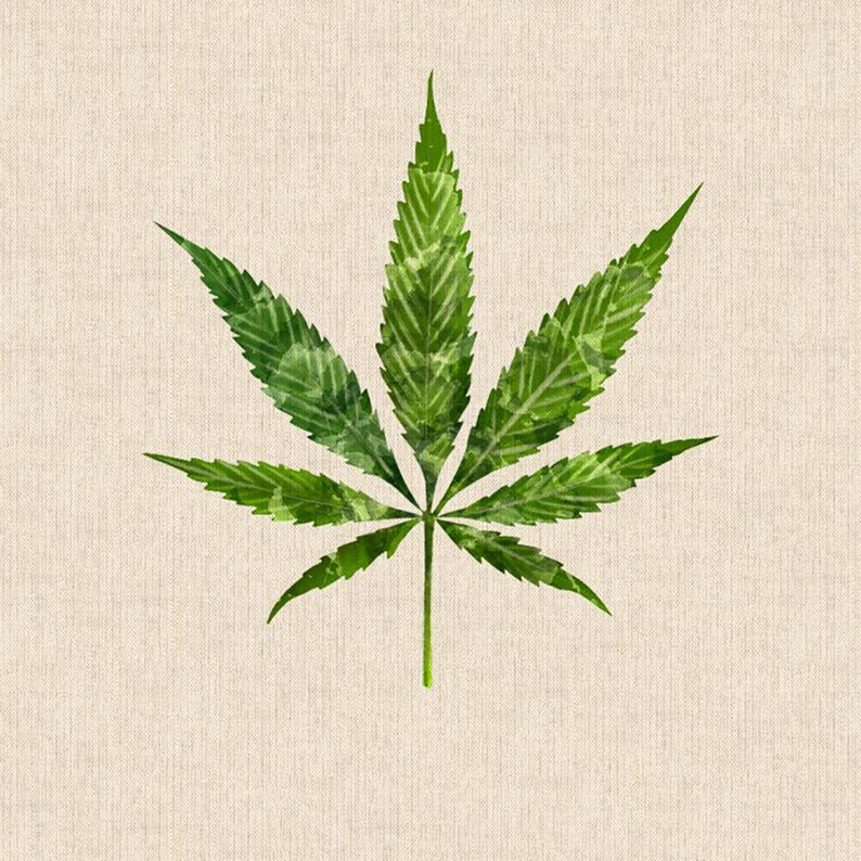 May include: A digitally rendered cannabis leaf in shades of green, with a textured, watercolor-like effect. The leaf is centered against a neutral, beige background, creating a simple, yet striking composition. The image is suitable for various applications.