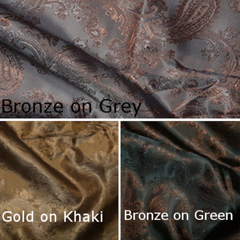 Pode incluir: Tr&ecirc;s amostras de tecido com padr&otilde;es paisley. A amostra superior &eacute; bronze sobre cinza. A amostra da esquerda &eacute; ouro sobre c&aacute;qui. A amostra da direita &eacute; bronze sobre verde.