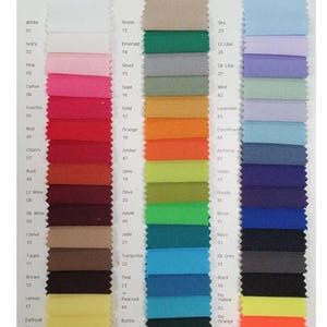 May include: A "Bi-Stretch" fabric colour swatch chart displaying a range of hues. The chart features colours such as ivory, emerald, and navy. The fabric composition is 100% polyester, width 148/150cms, and weight 170gsm. Includes care instructions.