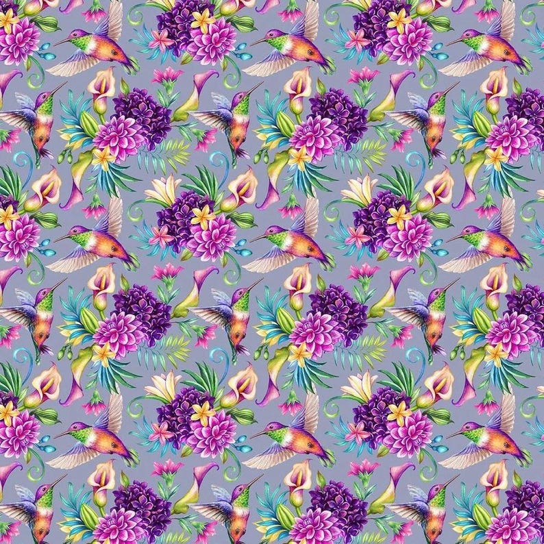 100% Cotton Digital Fabric Tropical Hummingbirds Birds Wildlife 140cm Wide image 2