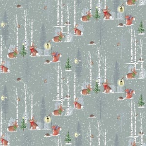 100% Cotton Fabric Nutex Lamplight Christmas Rabbit Fox Xmas Festive Animals
