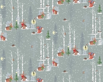 100% Cotton Fabric Nutex Lamplight Christmas Rabbit Fox Xmas Festive Animals