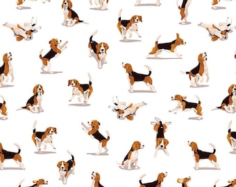 Könnte beinhalten: Ein nahtloses Muster mit verschiedenen Posen von Beagle-Hunden in Braun, Weiß und Schwarz auf weißem Hintergrund.
