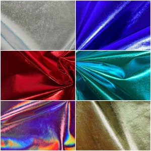 Puede incluir: Un collage de seis muestras de tela en diferentes colores y texturas. Las muestras est&aacute;n dispuestas en una cuadr&iacute;cula. Los colores son plateado, azul, rojo, turquesa, iridiscente y dorado.