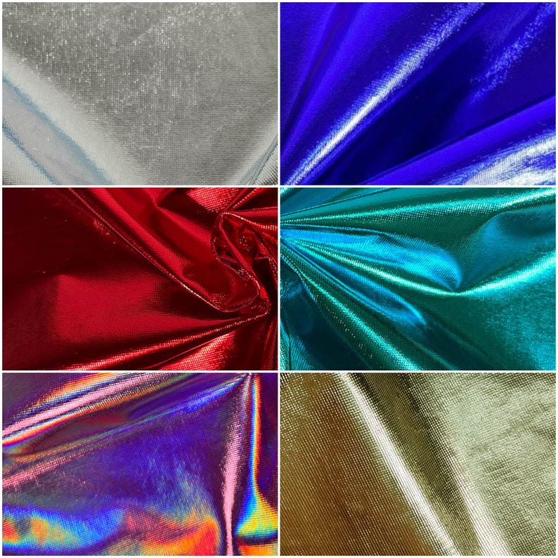 Puede incluir: Un collage de seis muestras de tela en diferentes colores y texturas. Las muestras est&aacute;n dispuestas en una cuadr&iacute;cula. Los colores son plateado, azul, rojo, turquesa, iridiscente y dorado.