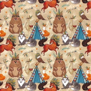 100% Cotton Digital Fabric Native American Animals Teepee 140cm Wide Crafty afbeelding 2