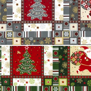 May include: Red, green and white Christmas fabric with a patchwork design. The fabric features a repeating pattern of Christmas trees, snowflakes, stars and stripes.