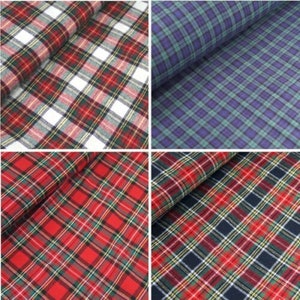 May include: Four different plaid fabric swatches. The swatches are red and white, red and black, red and green, and purple and green.