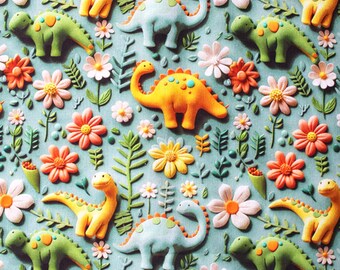 Tela digital 3D 100% algodón con estampado de dinosaurios y flores de Little Johnny Dino, 149 cm de ancho.