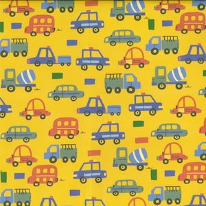 May include: A yellow background with a repeating pattern of various vehicles, including a cement mixer, a fire engine, a double-decker bus, a police car, a taxi, and a pick-up truck.
