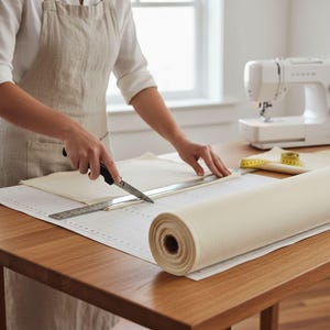 A person is cutting a piece of fabric with scissors on a table with a sewing machine in the background.