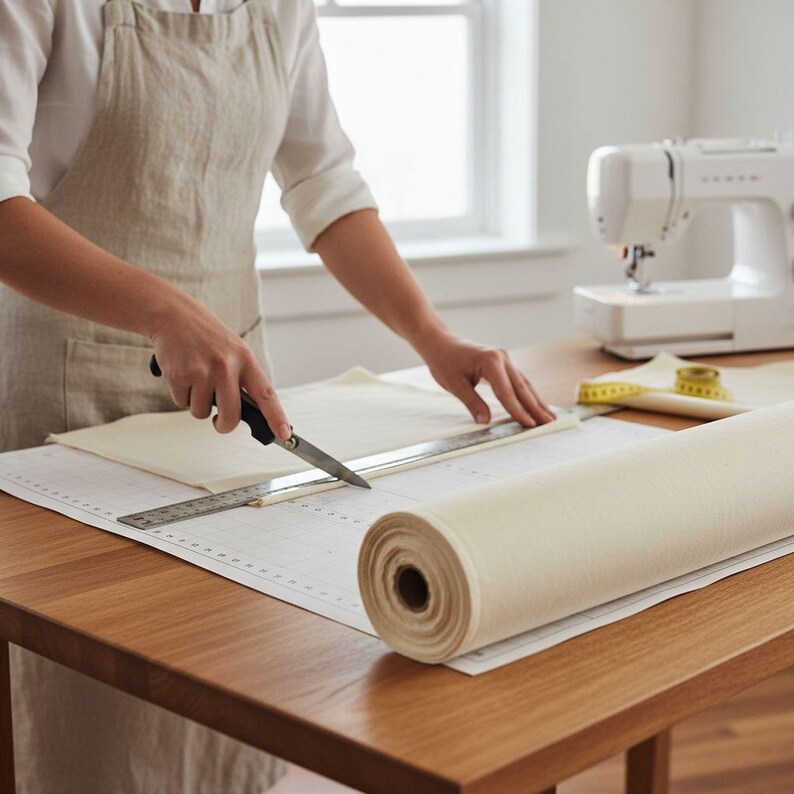A person is cutting a piece of fabric with scissors on a table with a sewing machine in the background.