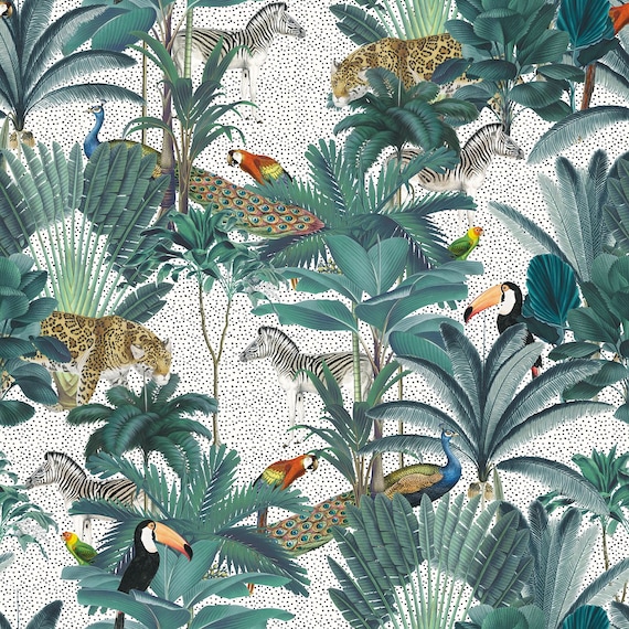 Italian Soft Plush Velvet Digital Print Fabric Safari Animals Palm Trees Natural 150cm Wide