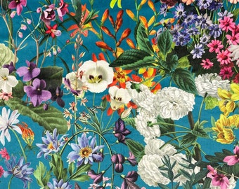 Italian Soft Plush Velvet Digital Print Fabric Summer Floral Turq 150cm Wide