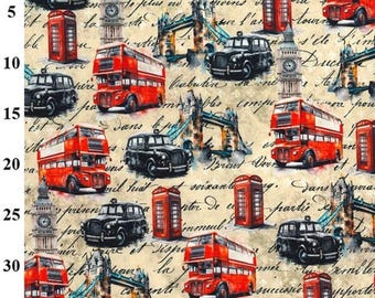 100% Cotton Poplin Fabric Rose & Hubble London Landmarks Red Bus Print 112cm Wide