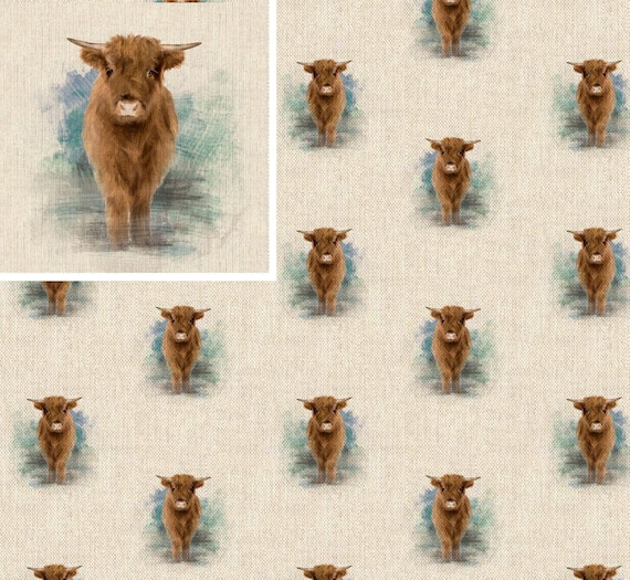 Cotton Rich Linen Look Fabric Standing Highland Cow or Panel