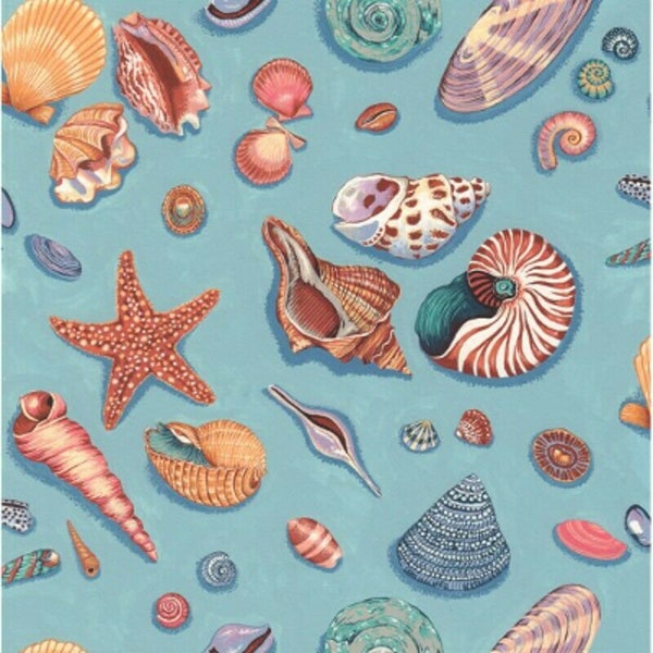 100% Cotton Fabric Nutex By The Sea Seashells Starfish Seaside Shells