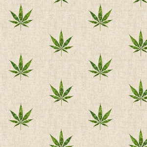 May include: A repeating pattern of green cannabis leaves on a beige textured background. The leaves are detailed with visible veins and are evenly spaced across the surface, creating a consistent design.