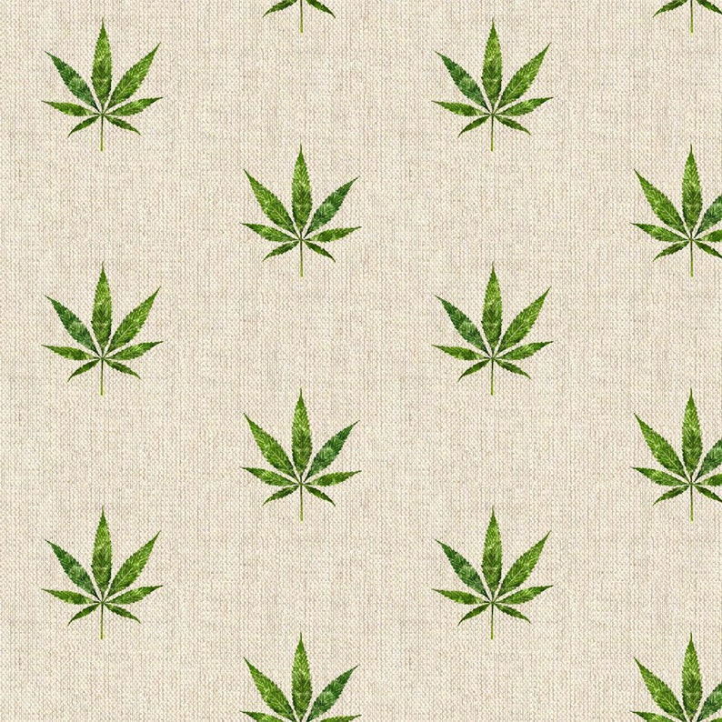 May include: A repeating pattern of green cannabis leaves on a beige textured background. The leaves are detailed with visible veins and are evenly spaced across the surface, creating a consistent design.