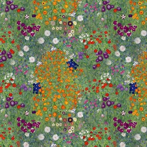 Puede incluir: Una pintura impresionista de un campo de flores. La obra presenta una densa disposici&oacute;n de flores coloridas en tonos de rojo, naranja, morado, blanco y azul, sobre un fondo verde. El estilo recuerda la t&eacute;cnica puntillista.