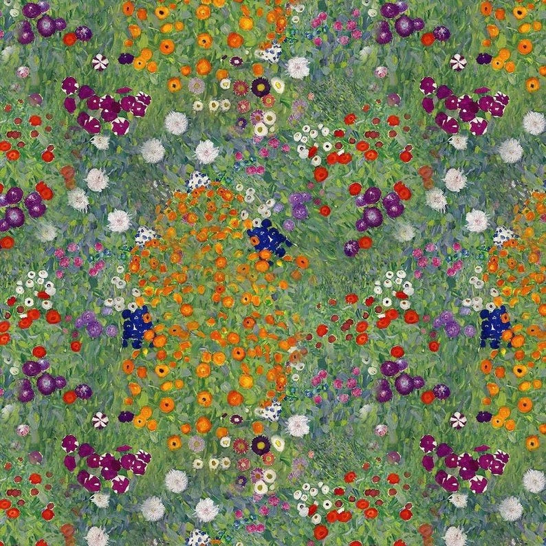 Puede incluir: Una pintura impresionista de un campo de flores. La obra presenta una densa disposici&oacute;n de flores coloridas en tonos de rojo, naranja, morado, blanco y azul, sobre un fondo verde. El estilo recuerda la t&eacute;cnica puntillista.