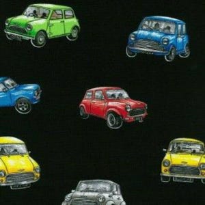 100% Cotton Fabric Nutex Magic Mini Cooper Cars Retro Motor