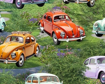 100% Cotton Fabric Kennard & Kennard Retro Ride Car VW Beetle Vehicle 112cm Wide