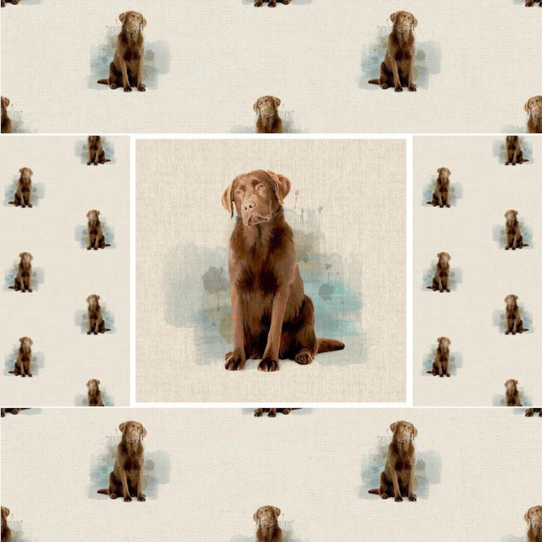 Labrador Linen Cotton Rich Linen Look Fabric Chocolate Labrador Dog or Panel ...