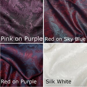 Pode incluir: Quatro amostras de tecido mostrando diferentes padr&otilde;es paisley. A amostra superior esquerda &eacute; rosa sobre roxo, a amostra superior direita &eacute; vermelha sobre azul claro, a amostra inferior esquerda &eacute; vermelha sobre roxo e a amostra inferior direita &eacute; branca de seda.