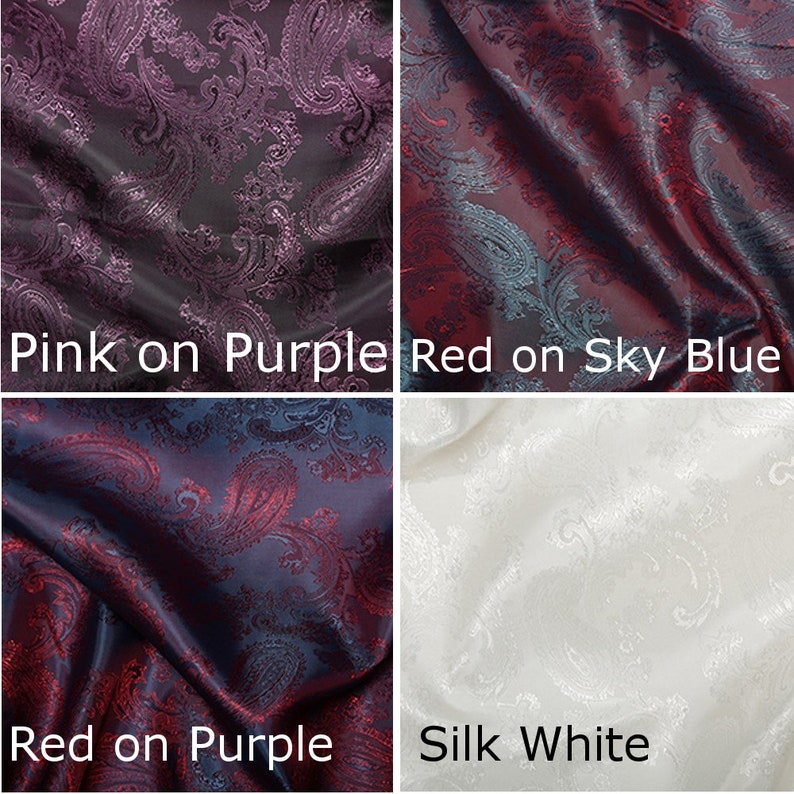 Pode incluir: Quatro amostras de tecido mostrando diferentes padr&otilde;es paisley. A amostra superior esquerda &eacute; rosa sobre roxo, a amostra superior direita &eacute; vermelha sobre azul claro, a amostra inferior esquerda &eacute; vermelha sobre roxo e a amostra inferior direita &eacute; branca de seda.