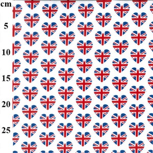 May include: White fabric with a repeating pattern of red, white, and blue Union Jack flags in heart shapes.