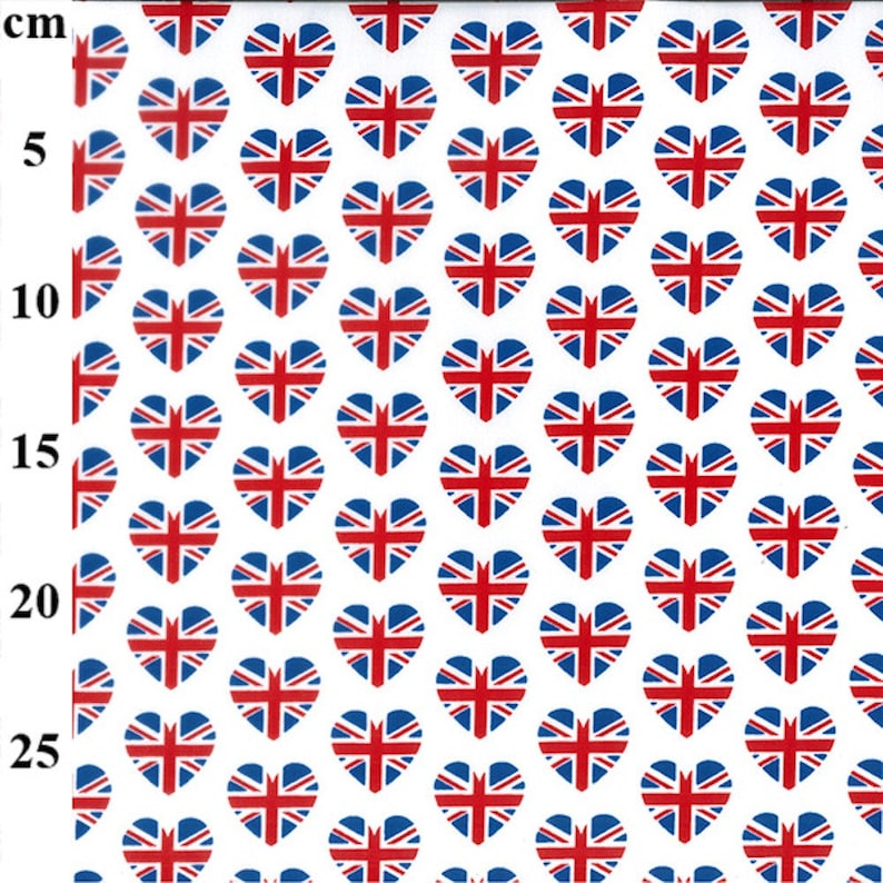 May include: White fabric with a repeating pattern of red, white, and blue Union Jack flags in heart shapes.