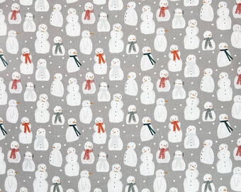 May include: A seamless pattern featuring a repeating design of white snowmen with various colored scarves on a gray background with white dots.