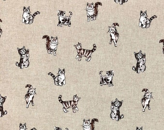 Cotton Rich Linen Look Fabric Shabby Cats kittens Upholstery