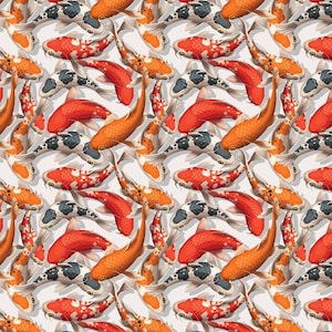 May include: A seamless pattern featuring colorful koi fish swimming in a white background. The fish are orange, red, black, and white with scales and spots.