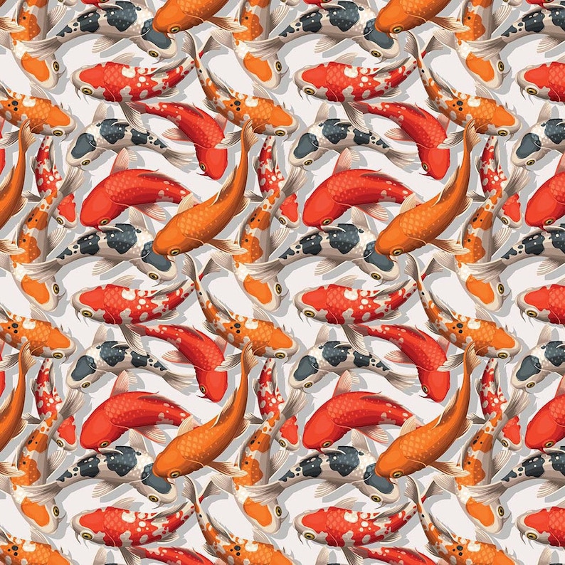 May include: A seamless pattern featuring colorful koi fish swimming in a white background. The fish are orange, red, black, and white with scales and spots.