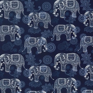 100% Cotton Poplin Fabric Rose & Hubble Indian Elephant Paisley